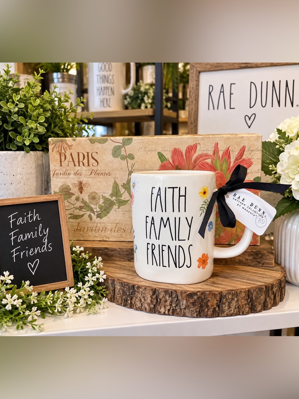 Rae Dunn White Floral 'Faith Family Friends' Ceramic Mug